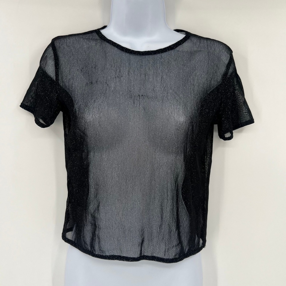 John Galt Black Sheer Mesh Metallic Shimmer Short Sleeve Top One Size